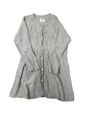 Flax Light Gray Linen Button-Front Lagenlook Coasta Grandma Boho Artisan Dress